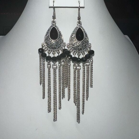 Silver Tone and Black Bead Long Boho Earrings - Picture 4 of 7